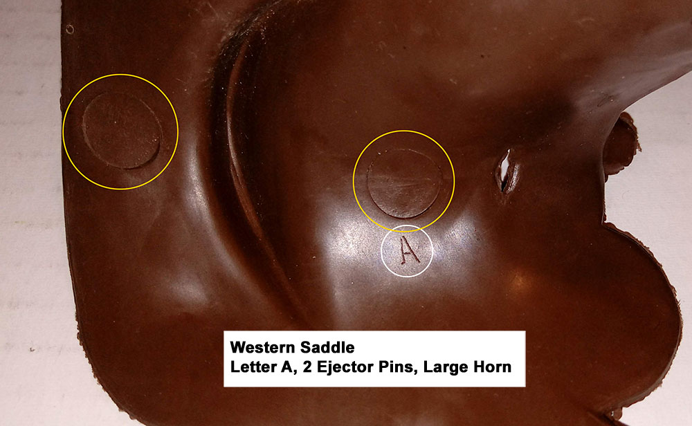 Western Saddle with large saddle horn, Letter A (Hand Drawn), Cavity had 2 large ejector pins under the seat and rear of the saddle.